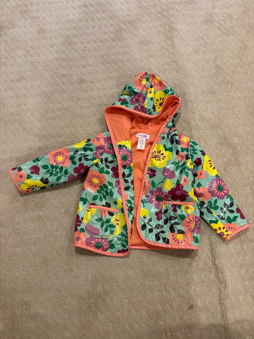Girls' Floral Hooded Raincoat with Coral Lining